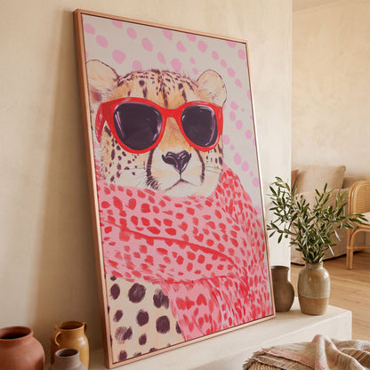 Cheetah in Sunglasses Canvas. Pink Pop Animal Art in rose gold floating frame