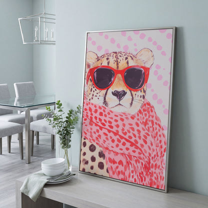 Cheetah in Sunglasses Canvas. Pink Pop Animal Art in silver floating frame