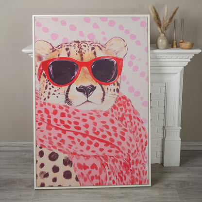 Cheetah in Sunglasses Canvas. Pink Pop Animal Art in white floating frame