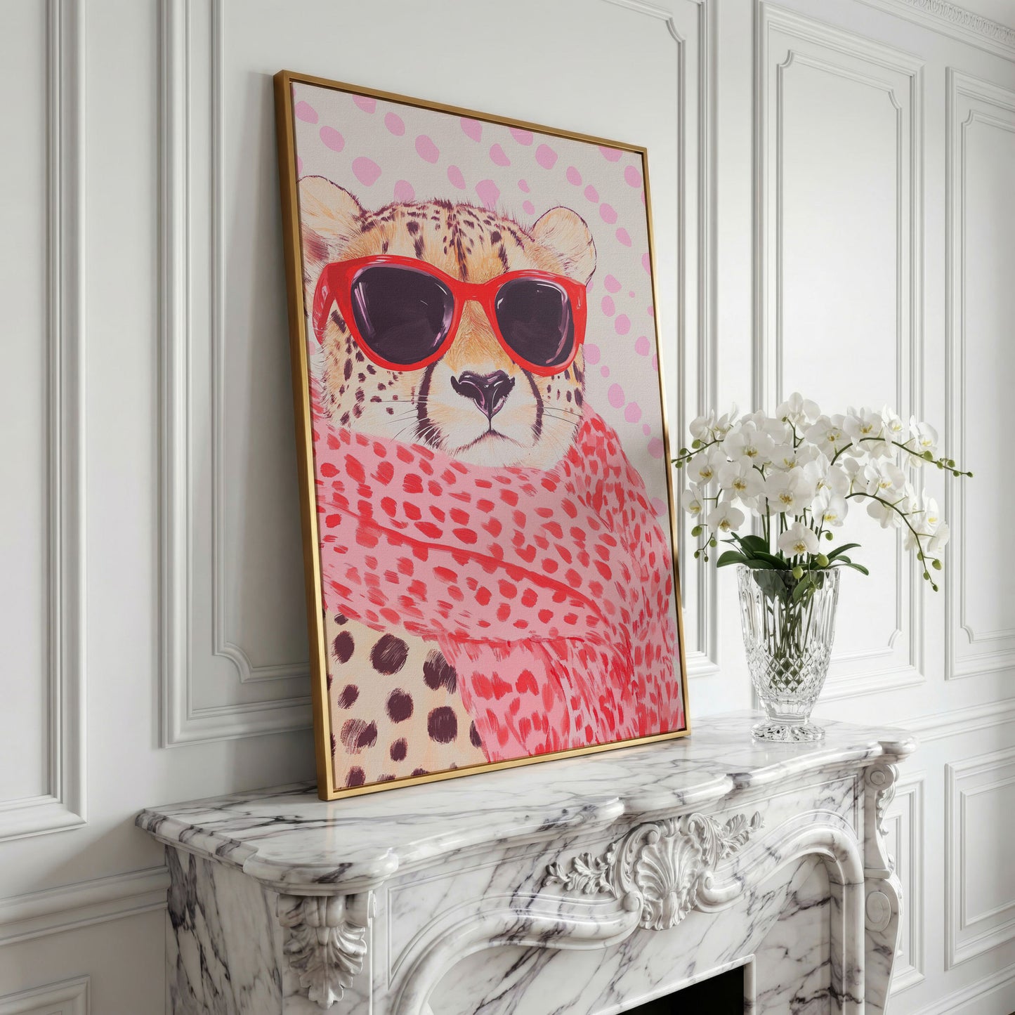 Cheetah in Sunglasses Canvas. Pink Pop Animal Art in yellow gold floating frame