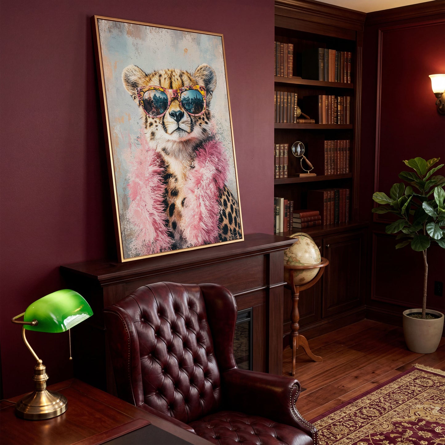 Cheetah in Sunglasses with Pink Feather Boa Canvas Art in antique gold floating frame