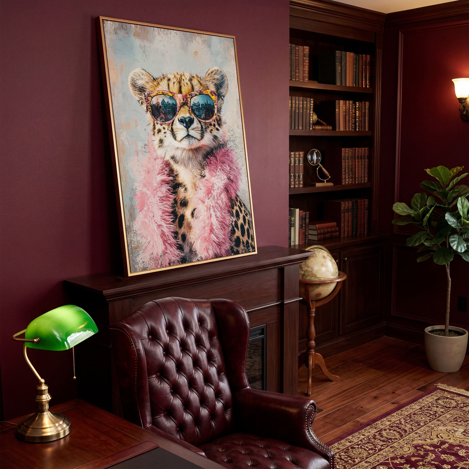 Cheetah in Sunglasses with Pink Feather Boa Canvas Art in antique gold floating frame