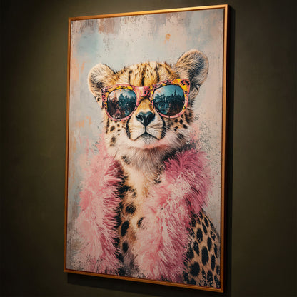 Cheetah in Sunglasses with Pink Feather Boa Canvas Art shown in antique gold floating frame