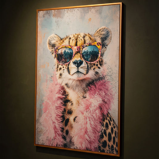 Cheetah in Sunglasses with Pink Feather Boa Canvas Art shown in antique gold floating frame