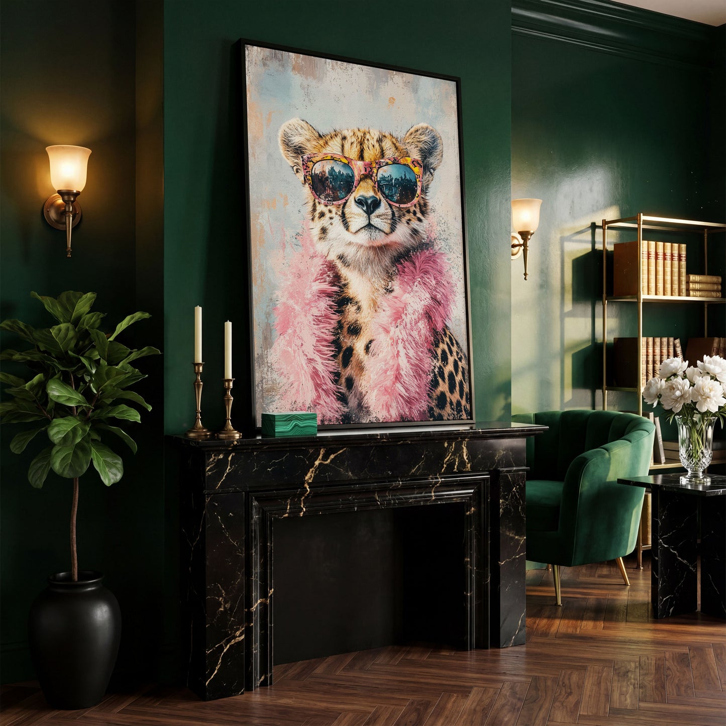 Cheetah in Sunglasses with Pink Feather Boa Canvas Art in black floating frame