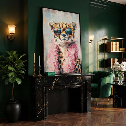 Cheetah in Sunglasses with Pink Feather Boa Canvas Art in black floating frame