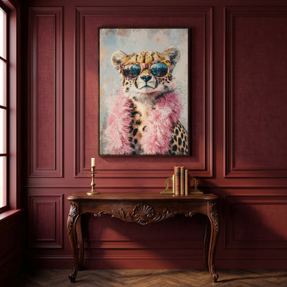 Cheetah in Sunglasses with Pink Feather Boa Canvas Art in dark walnut floating frame
