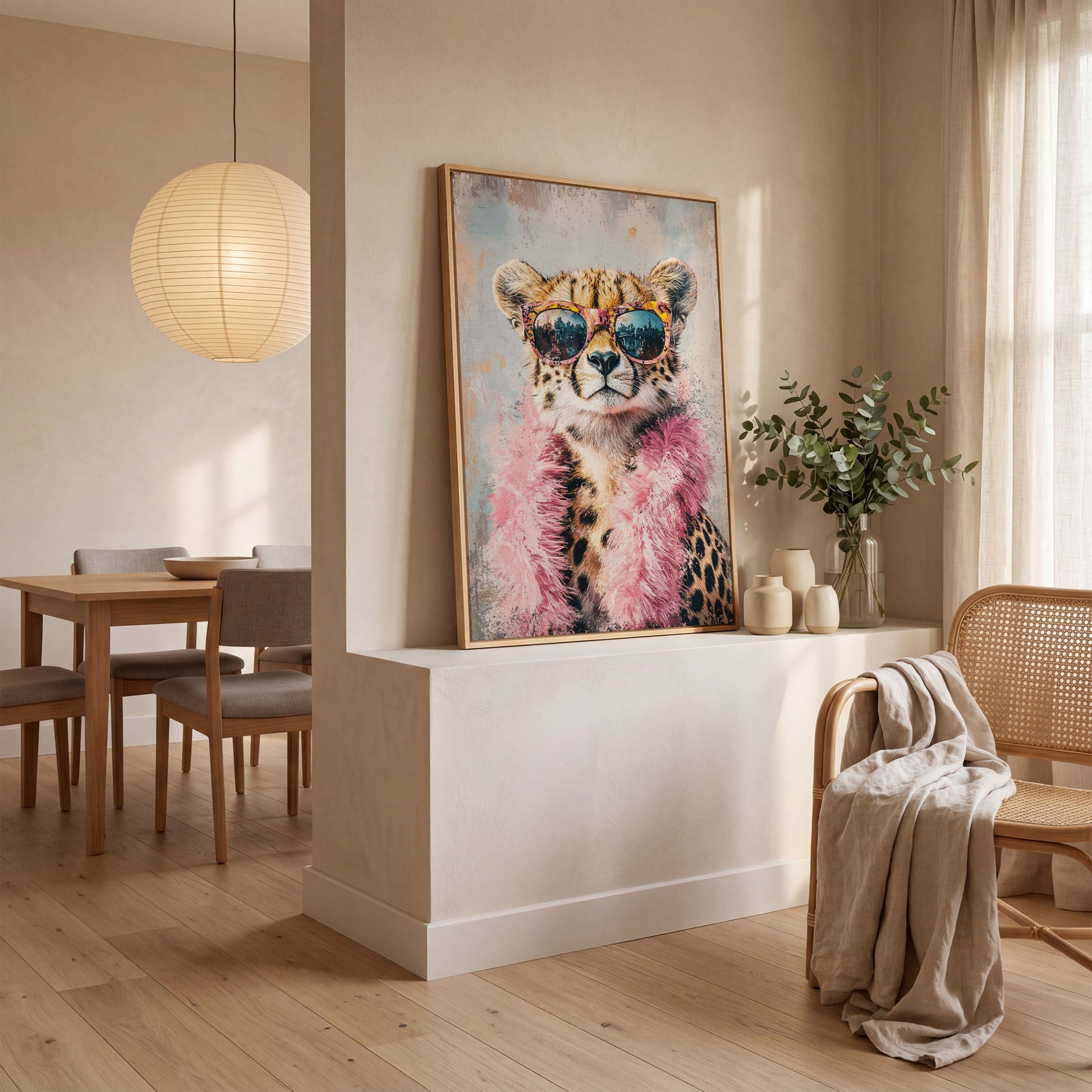 Cheetah in Sunglasses with Pink Feather Boa Canvas Art in white oak floating frame