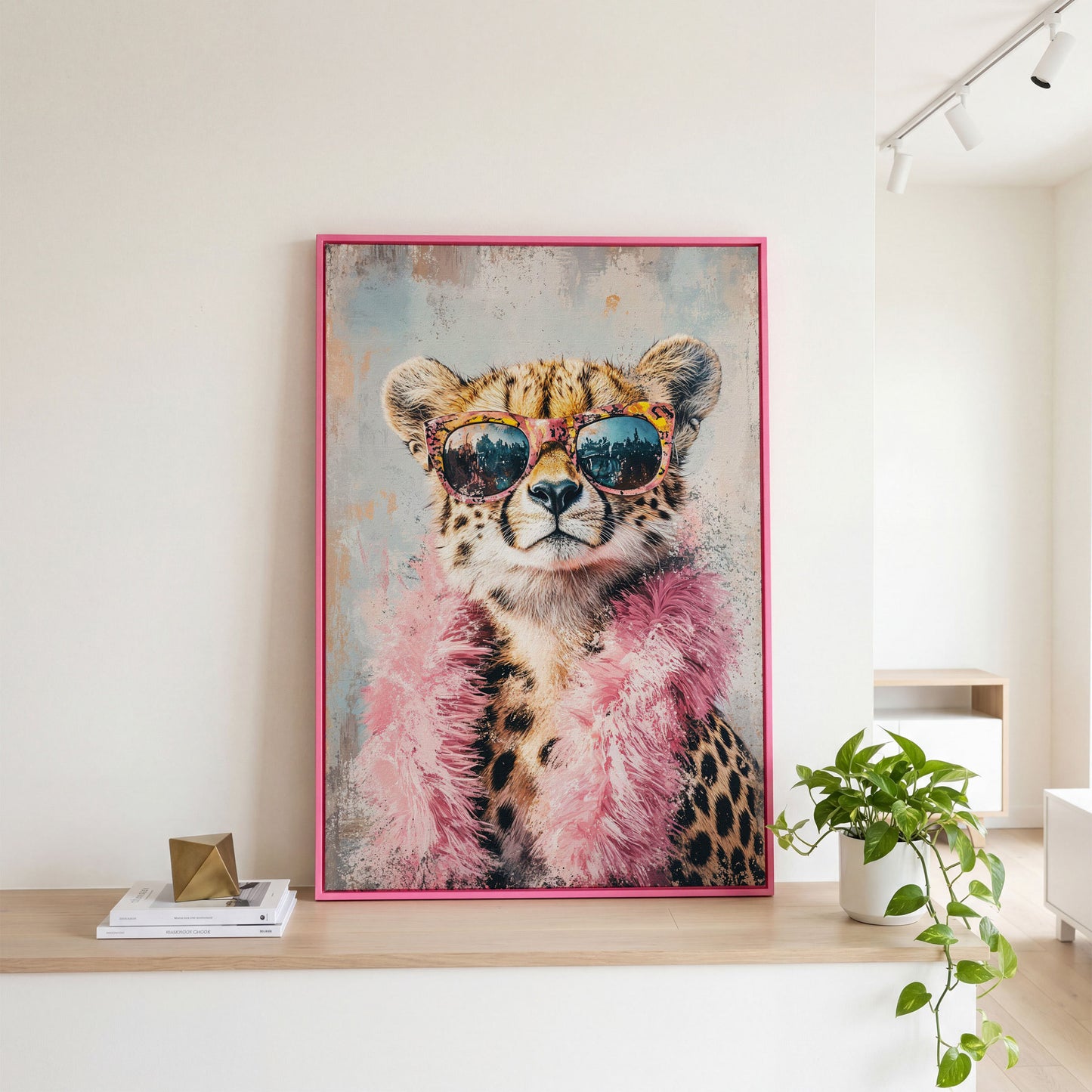Cheetah in Sunglasses with Pink Feather Boa Canvas Art in pink floating frame