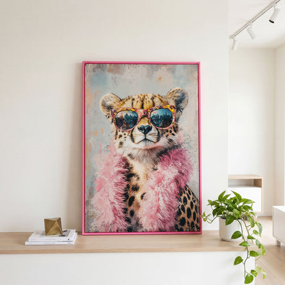 Cheetah in Sunglasses with Pink Feather Boa Canvas Art in pink floating frame