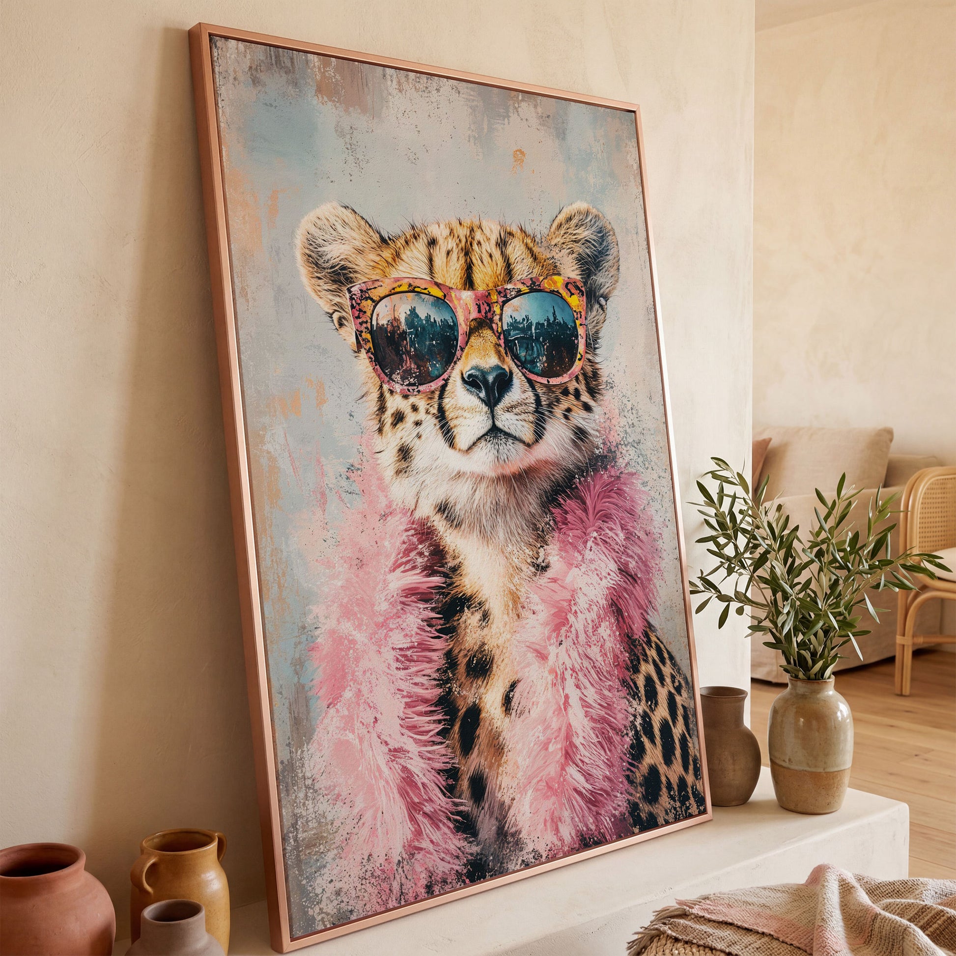 Cheetah in Sunglasses with Pink Feather Boa Canvas Art in rose gold floating frame