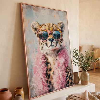 Cheetah in Sunglasses with Pink Feather Boa Canvas Art in rose gold floating frame