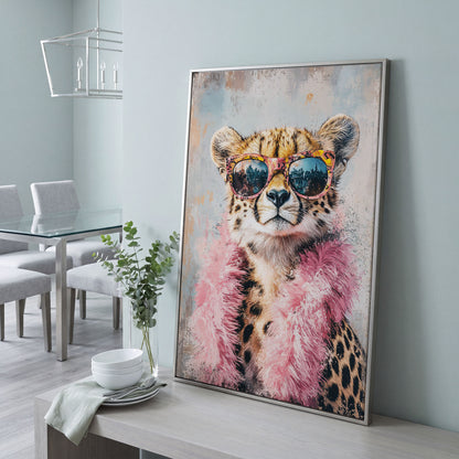Cheetah in Sunglasses with Pink Feather Boa Canvas Art in silver floating frame