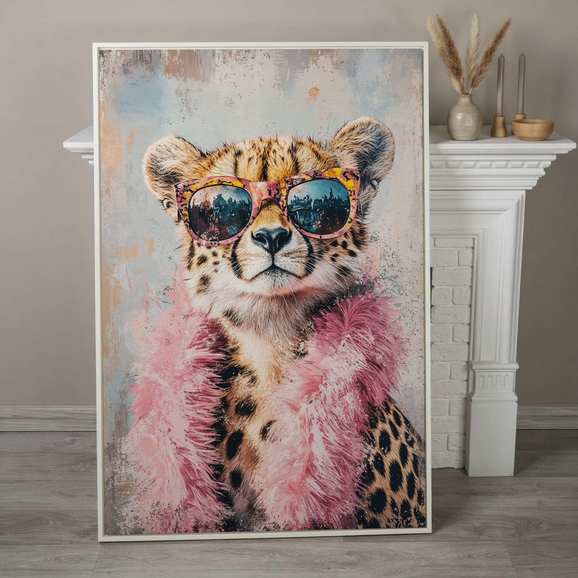 Cheetah in Sunglasses with Pink Feather Boa Canvas Art in white floating frame