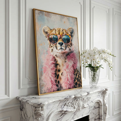 Cheetah in Sunglasses with Pink Feather Boa Canvas Art in yellow gold floating frame