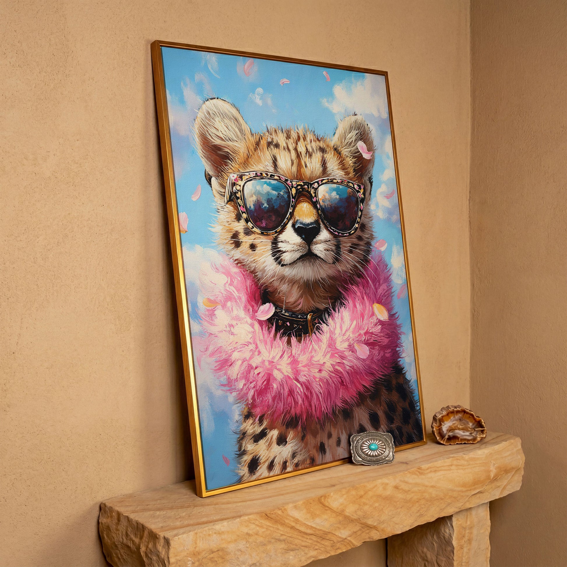 Leopard in Sunglasses Canvas Print in antique gold floating frame