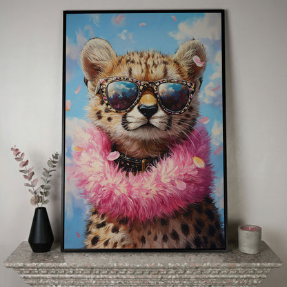 Leopard in Sunglasses Canvas Print in black floating frame