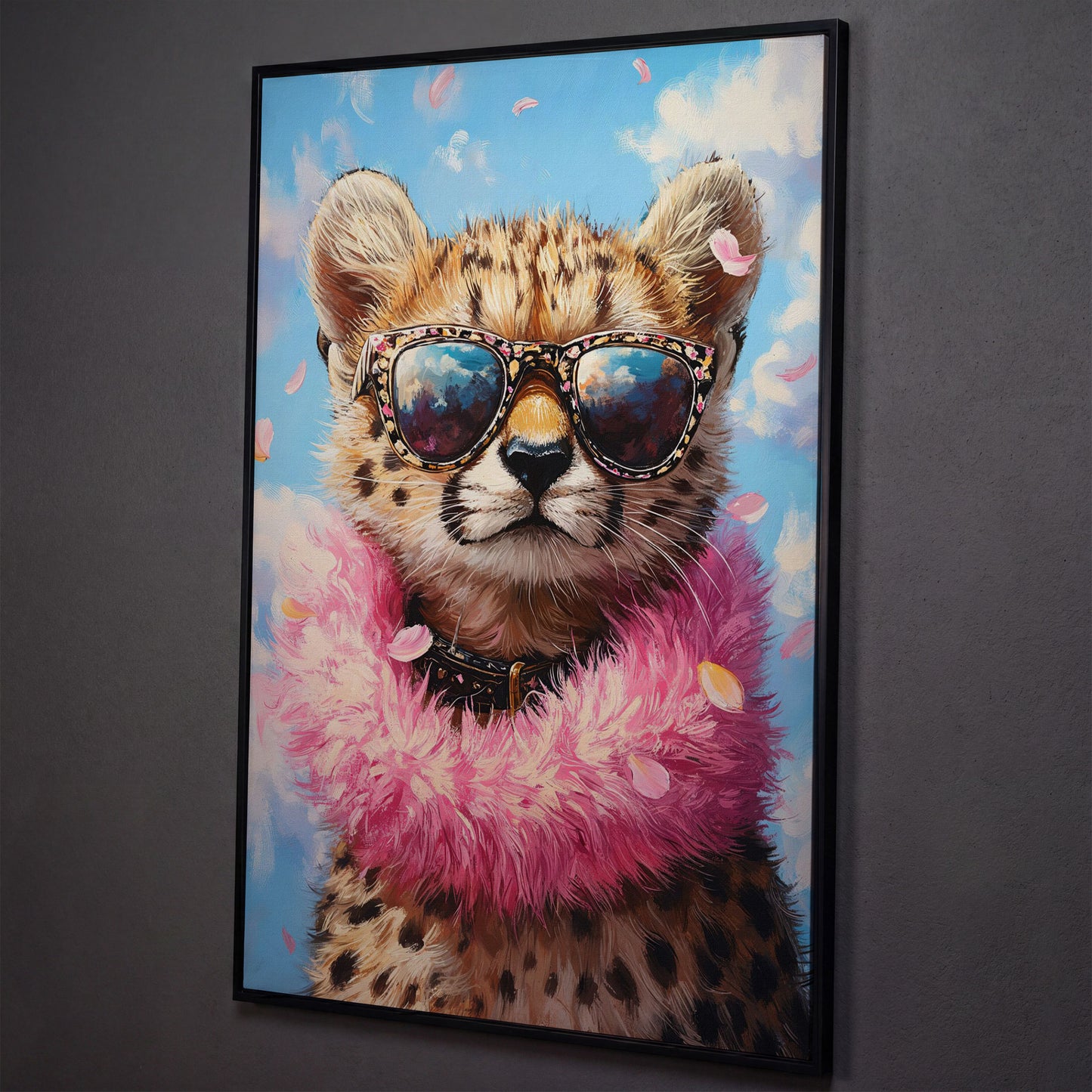 Leopard in Sunglasses Canvas Print shown in black floating frame