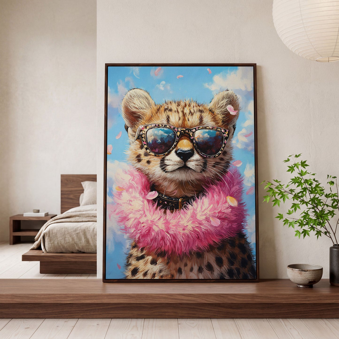 Leopard in Sunglasses Canvas Print in dark walnut floating frame