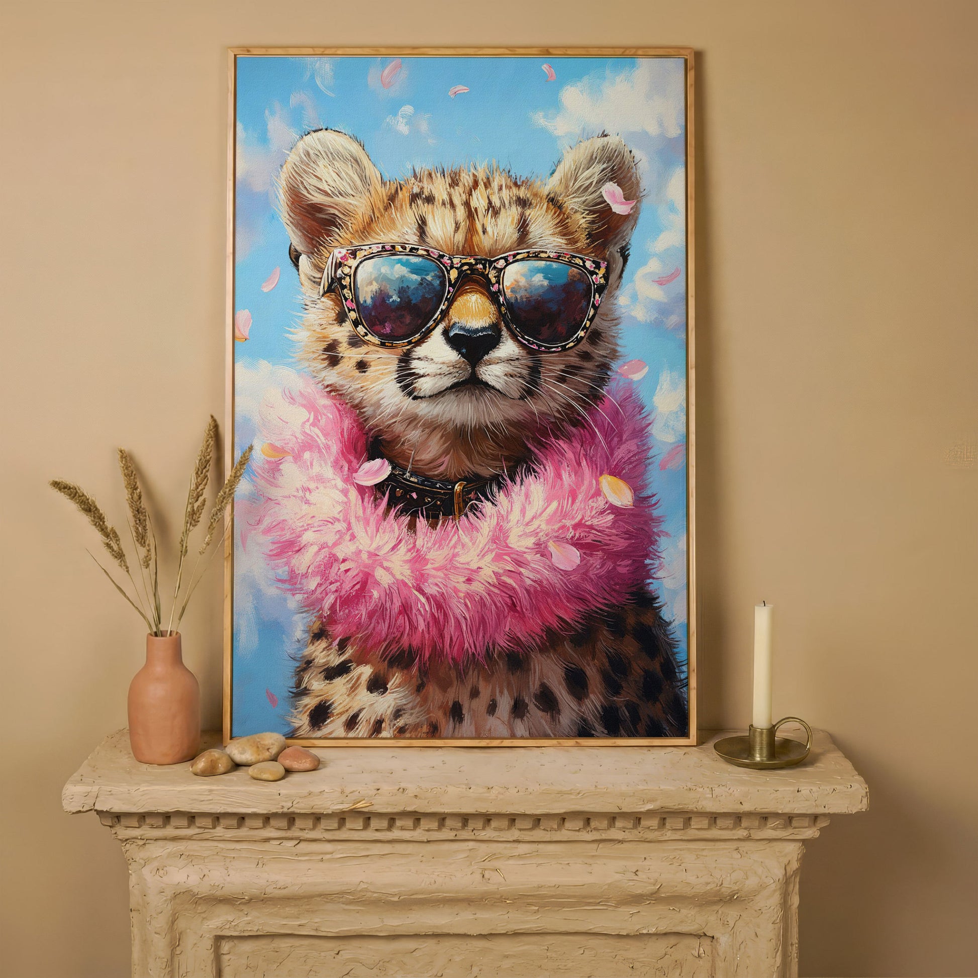 Leopard in Sunglasses Canvas Print in white oak floating frame