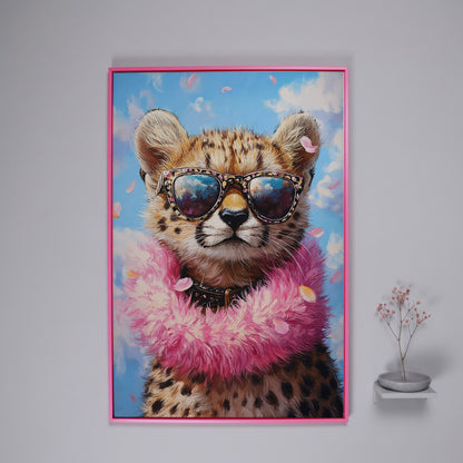 Leopard in Sunglasses Canvas Print in pink floating frame