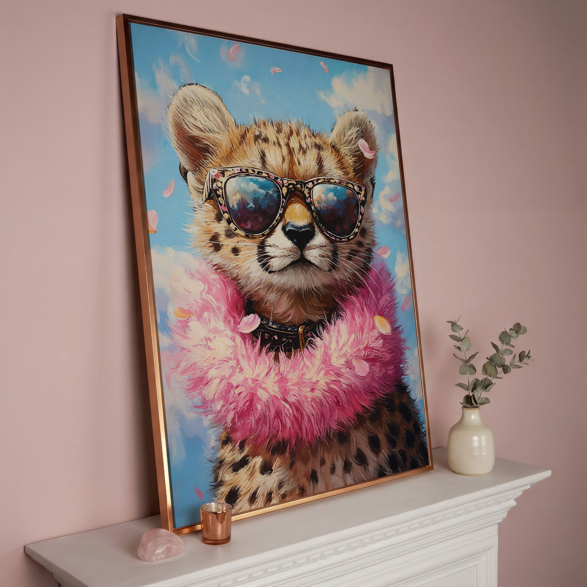 Leopard in Sunglasses Canvas Print in rose gold floating frame