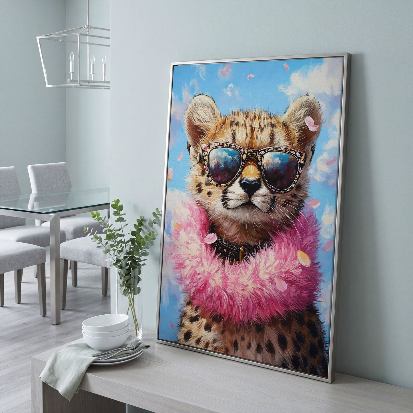 Leopard in Sunglasses Canvas Print in silver floating frame