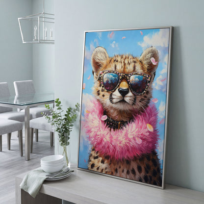 Leopard in Sunglasses Canvas Print in silver floating frame