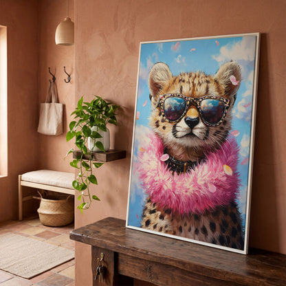 Leopard in Sunglasses Canvas Print in white floating frame