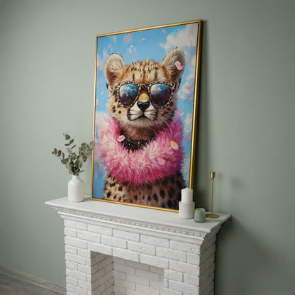Leopard in Sunglasses Canvas Print in yellow gold floating frame