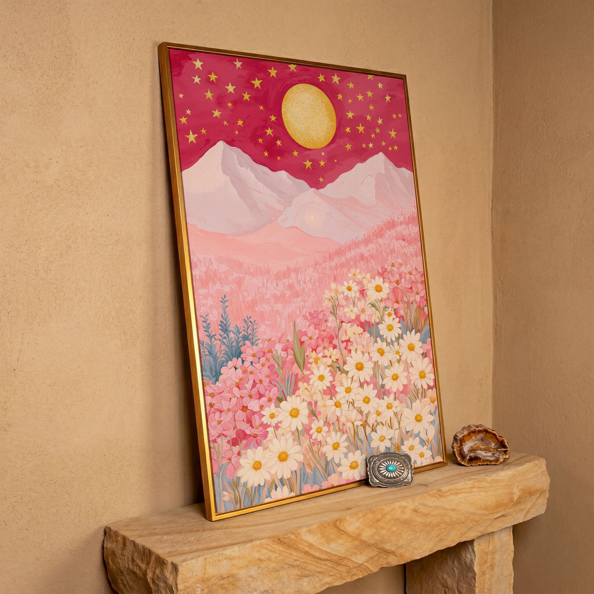 Pink Mountain Starry Night Canvas in antique gold floating frame
