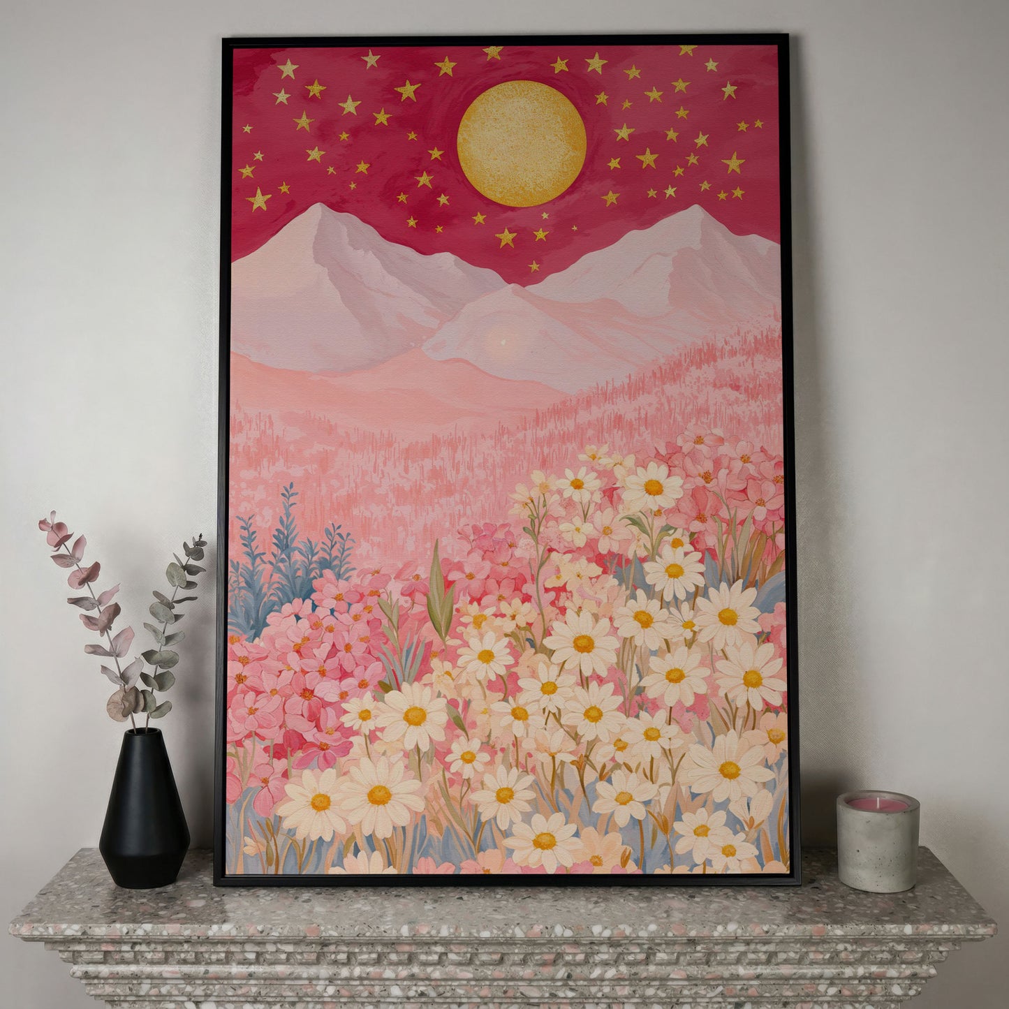 Pink Mountain Starry Night Canvas in black floating frame