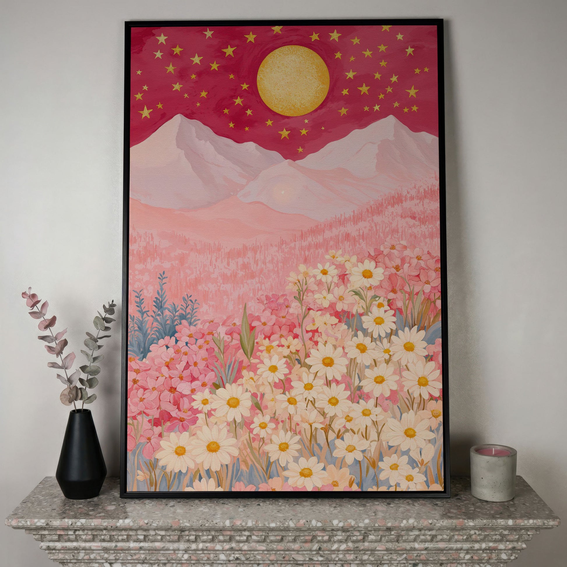Pink Mountain Starry Night Canvas in black floating frame