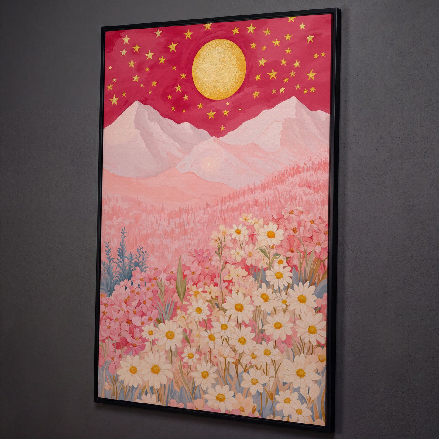 Pink Mountain Starry Night Canvas shown in black floating frame