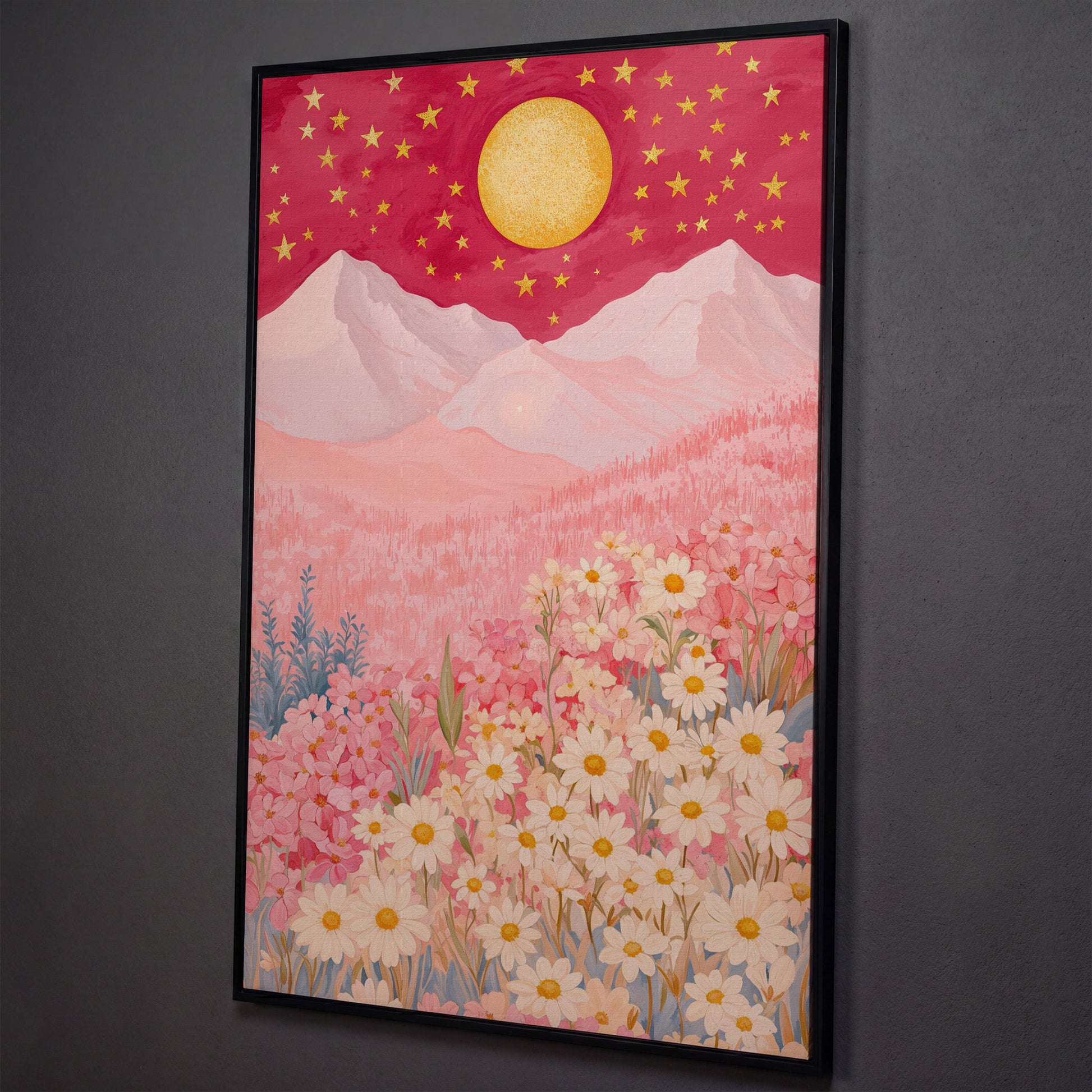 Pink Mountain Starry Night Canvas shown in black floating frame