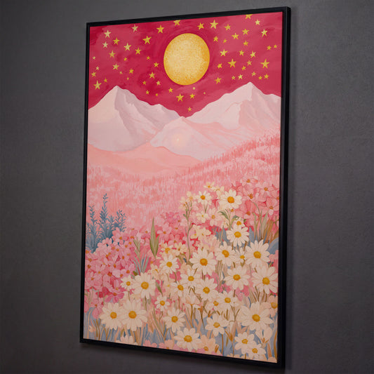 Pink Mountain Starry Night Canvas shown in black floating frame
