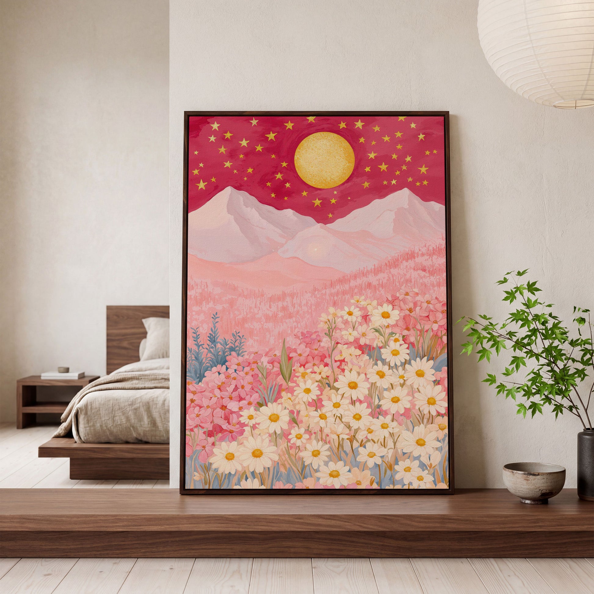 Pink Mountain Starry Night Canvas in dark walnut floating frame