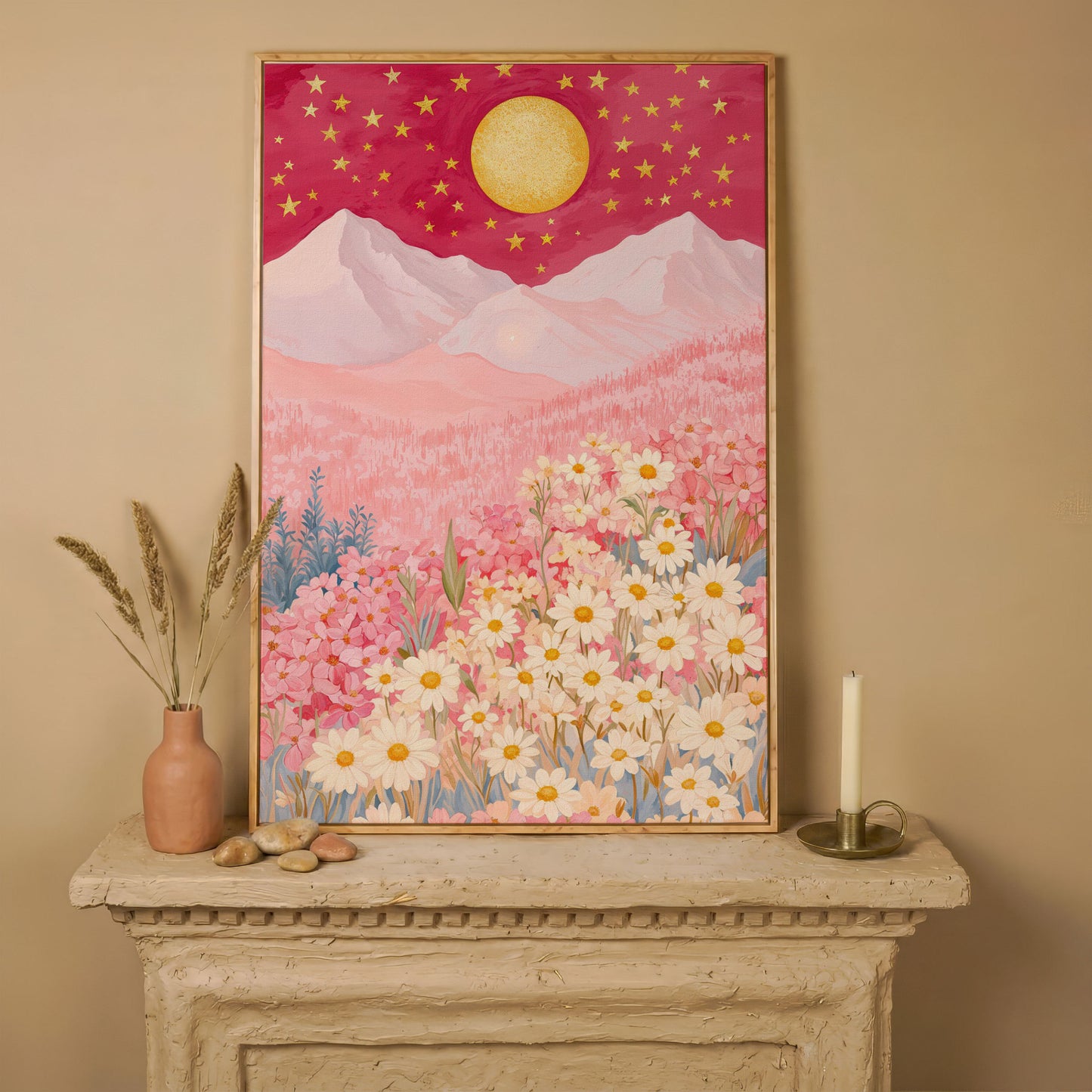 Pink Mountain Starry Night Canvas in white oak floating frame