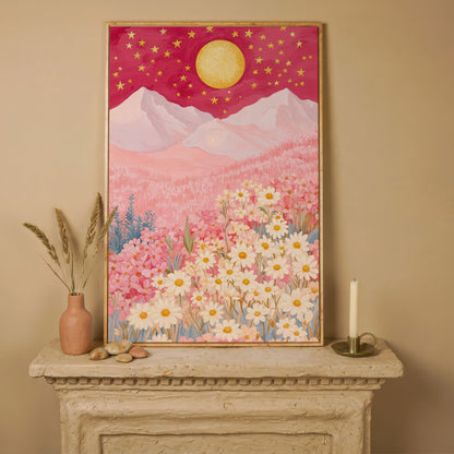 Pink Mountain Starry Night Canvas in white oak floating frame
