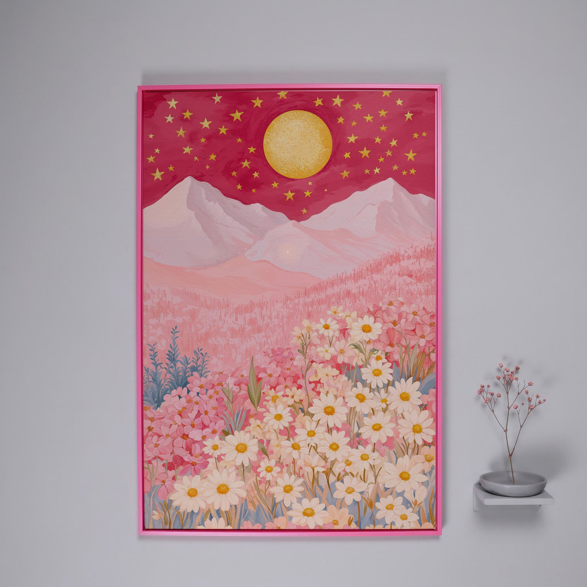 Pink Mountain Starry Night Canvas in pink floating frame