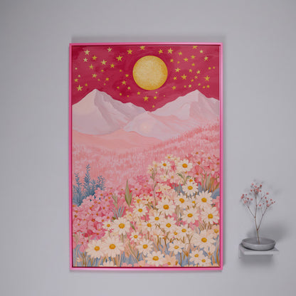 Pink Mountain Starry Night Canvas in pink floating frame