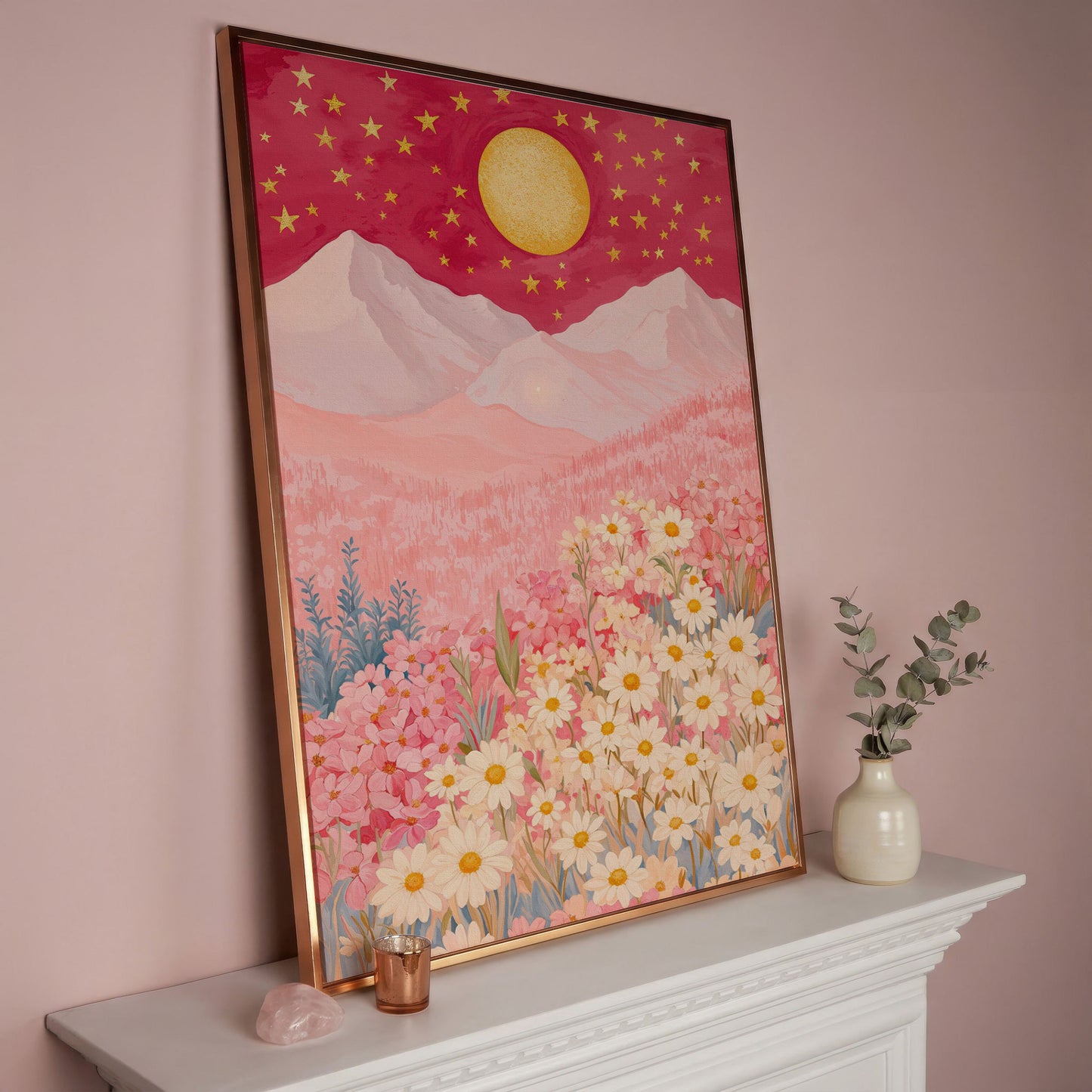 Pink Mountain Starry Night Canvas in rose gold floating frame