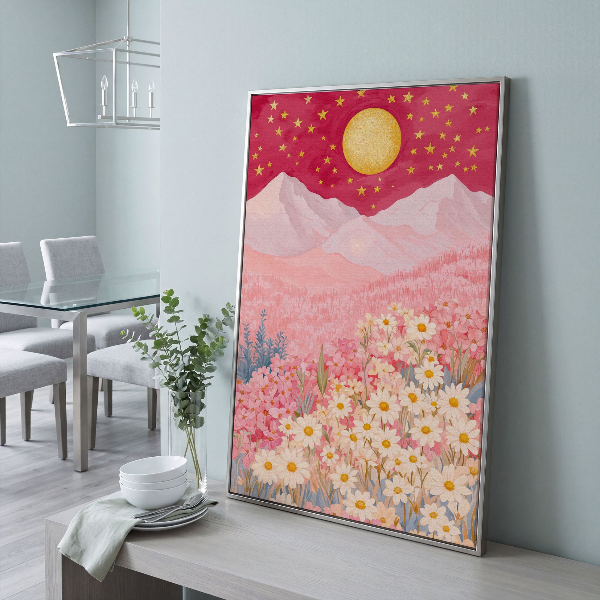 Pink Mountain Starry Night Canvas in silver floating frame