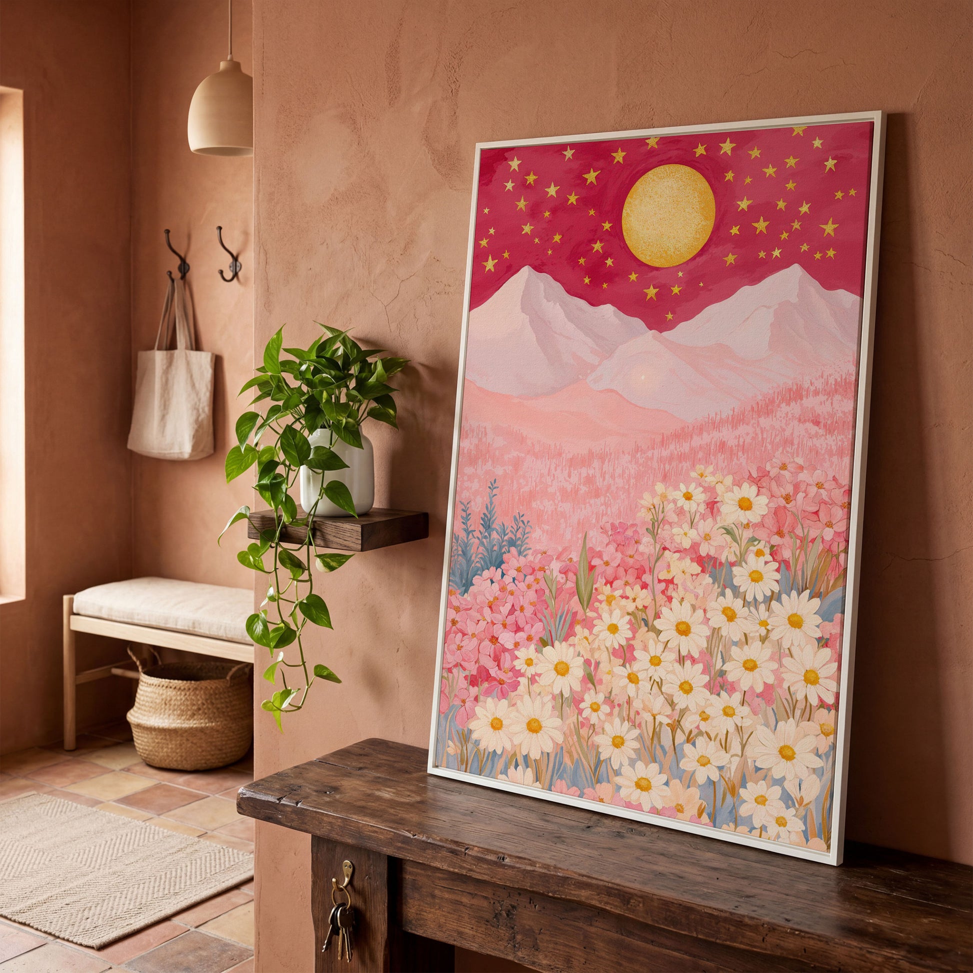 Pink Mountain Starry Night Canvas in white floating frame