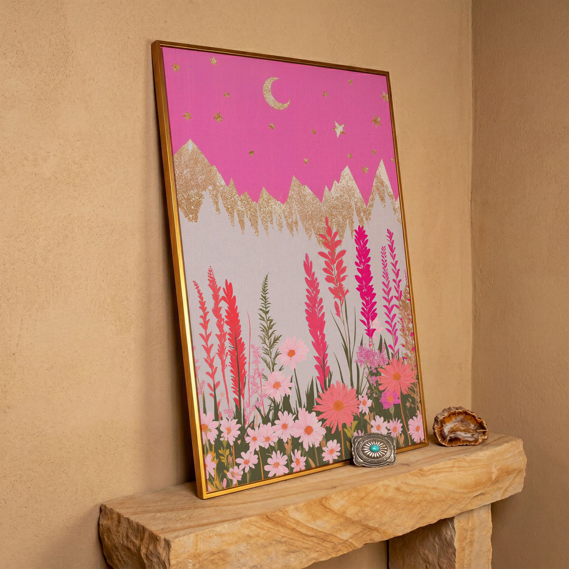 Pink Floral Landscape with Gold Moon Canvas in antique gold floating frame