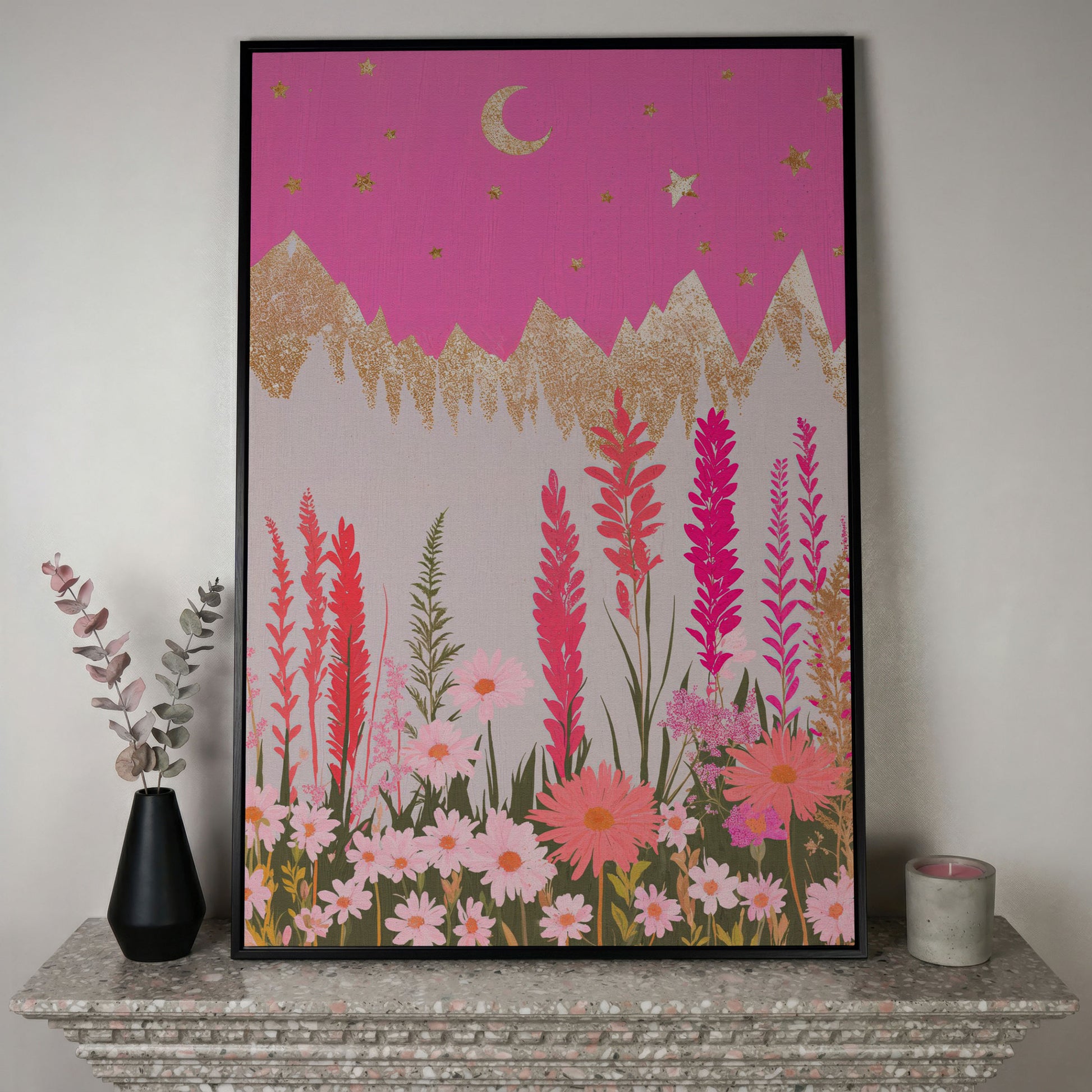 Pink Floral Landscape with Gold Moon Canvas in black floating frame