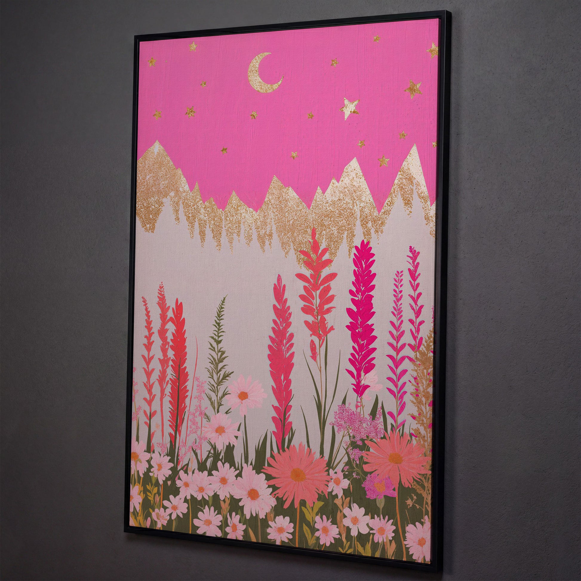 Pink Floral Landscape with Gold Moon Canvas shown in black floating frame