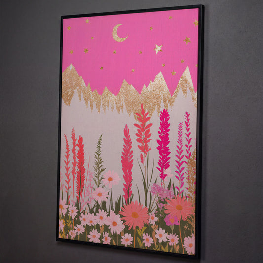 Pink Floral Landscape with Gold Moon Canvas shown in black floating frame