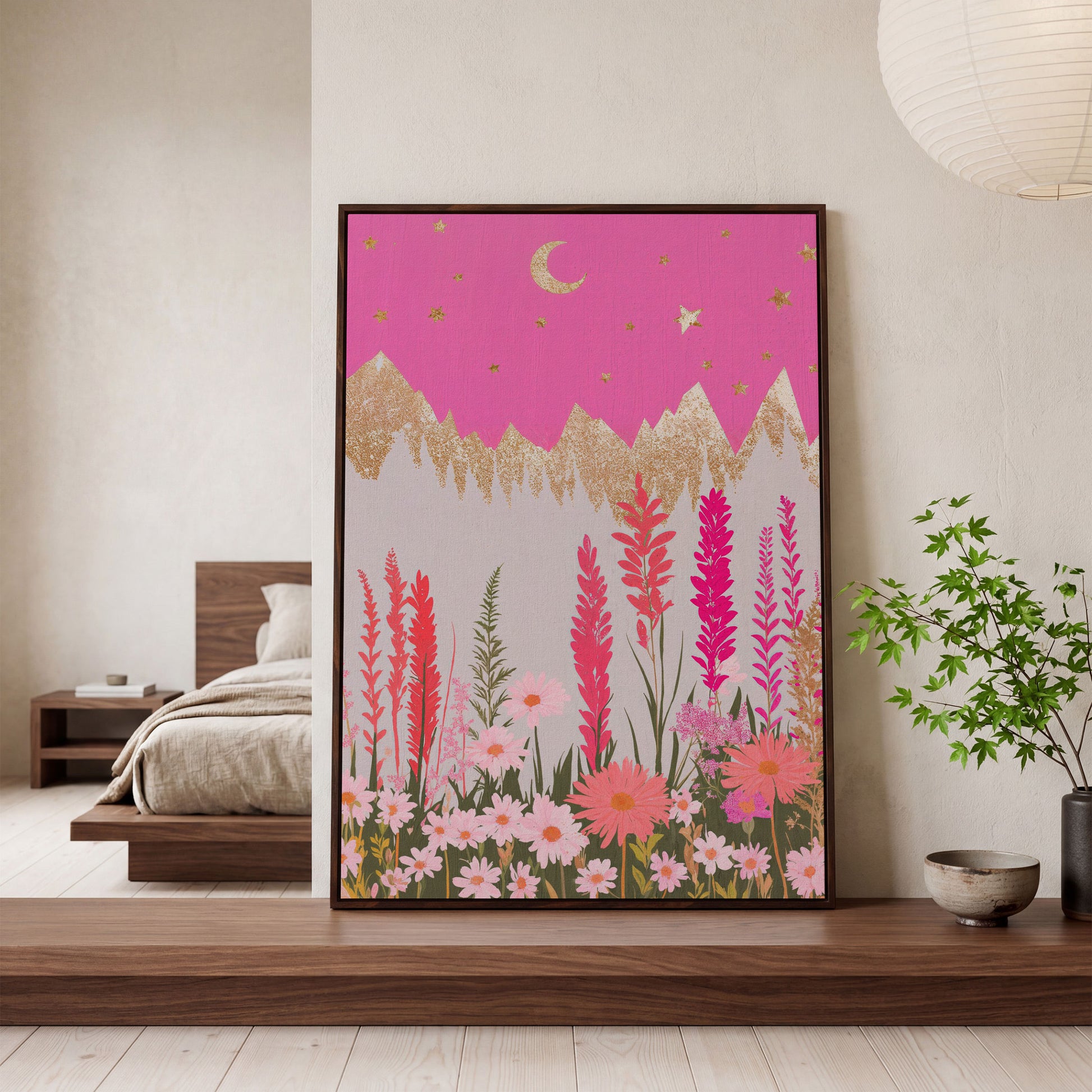 Pink Floral Landscape with Gold Moon Canvas in dark walnut floating frame