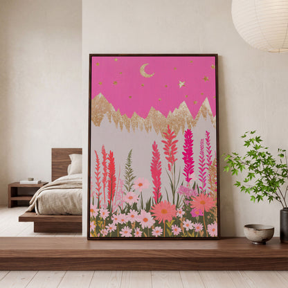 Pink Floral Landscape with Gold Moon Canvas in dark walnut floating frame